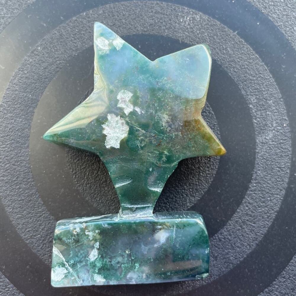 Pretty Moss Agate Star on Stand - D